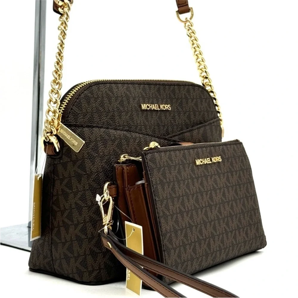 MICHAEL KORS Jet Set Travel Medium Dome Crossbody Bag & Double Zip Wallet Brown